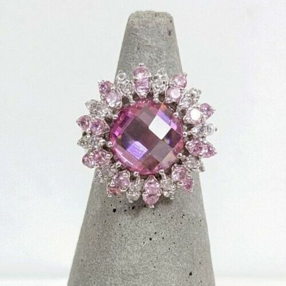 Size 8 huge Pink Cluster Sunflower Sterling Silver Cocktail Ring - Picture 1 of 9